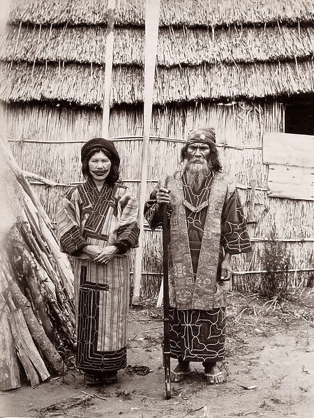 19th century vintage photograph: Japan - portrait of an Ainu Aino couple Hokkaido