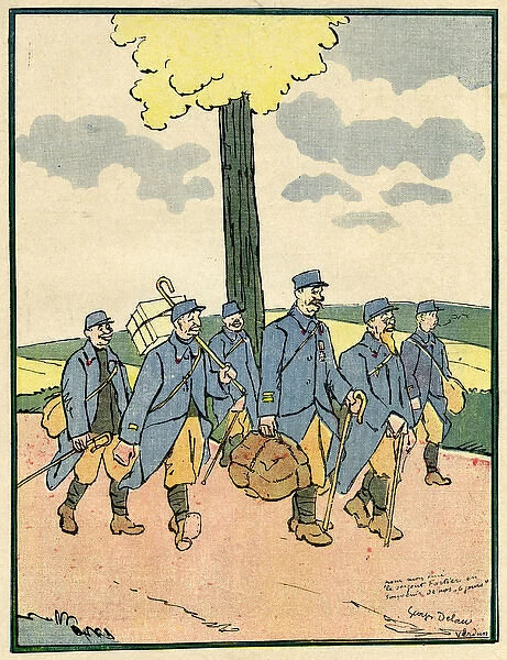 Cartoon, soldiers returning from leave, WW1