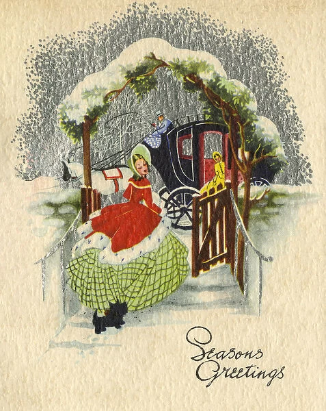 Christmas card, Lady in snow with stagecoach