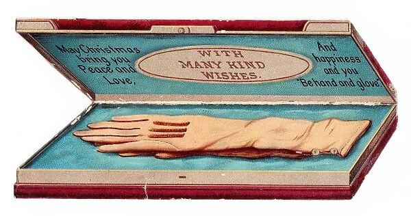 Glove box with greeting on a Victorian Christmas card