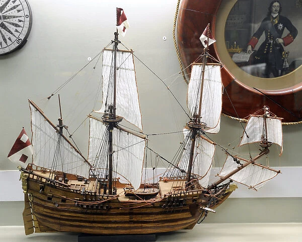 History of navigation. Medieval boat. Art model. Museum of H