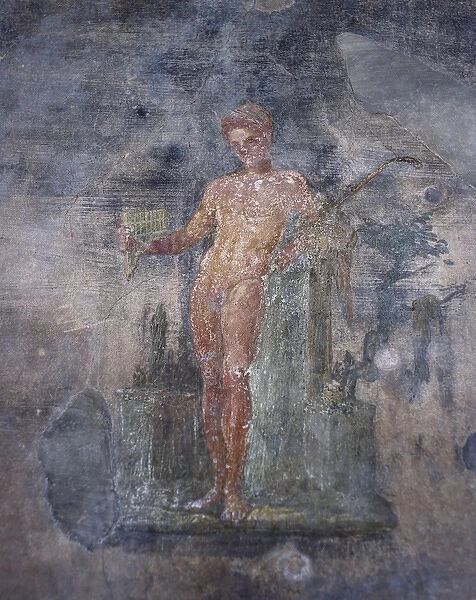 Italy. Pompeii. House of the Vettii. Young man playing the f