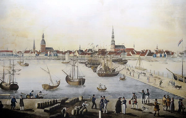 Latvia. Riga. Port. 18th Century. Colored engraving