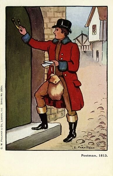 Postman. A postman of 1813 knocking on a door to deliver the mail