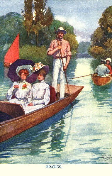 Punting. Boating. Edwardian ladies in a punt on the river