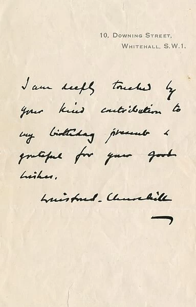 Thank you letter from Winston Churchill, Prime Minister