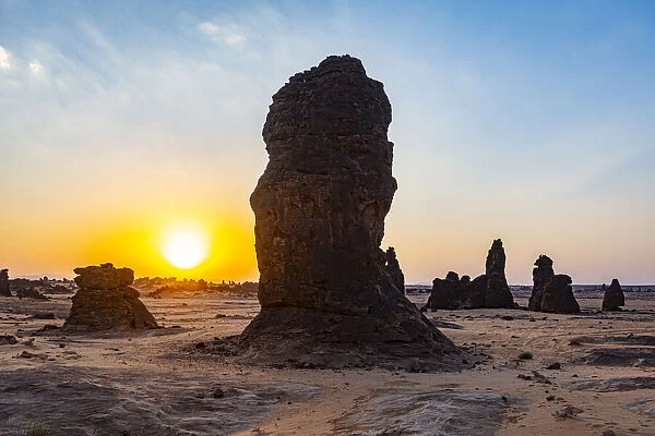 Sunset over the Algharameel rock formations, Al Ula, Kingdom of Saudi Arabia, Middle East