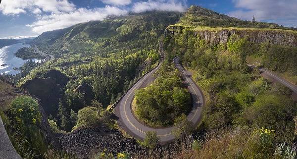 USA, Oregon. Twisting, curving Historic Columbia River Highway (Hwy 30) below the
