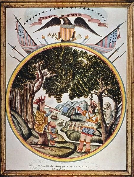 CHRISTOPHER COLUMBUS landing on San Salvador in the Bahamas, 12 October 1492. Watercolor