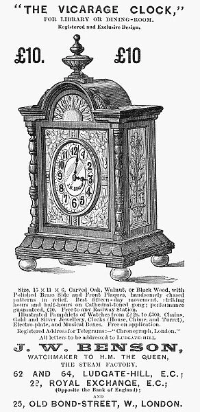 CLOCK ADVERTISEMENT, 1885. English newspaper advertisement, 1885, for the Vicarage clock, designed by J. W. Benson of London
