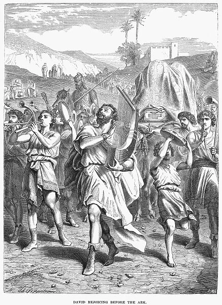 DAVID & THE ARK. David rejoicing before the Ark, having slain the Philistine (II Samuel 6: 14-17). Wood engraving, English, late 19th century