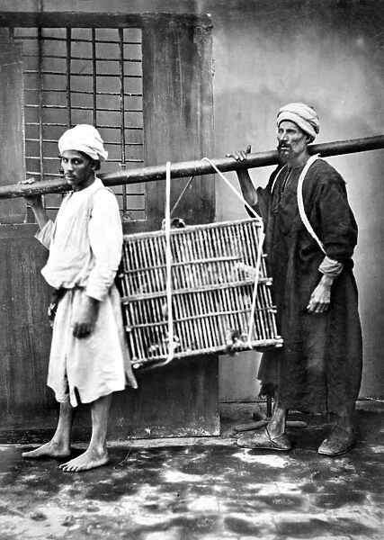 EGYPT: CAIRO. A pair of peddlars carrying a cage on the streets of Cairo, Egypt
