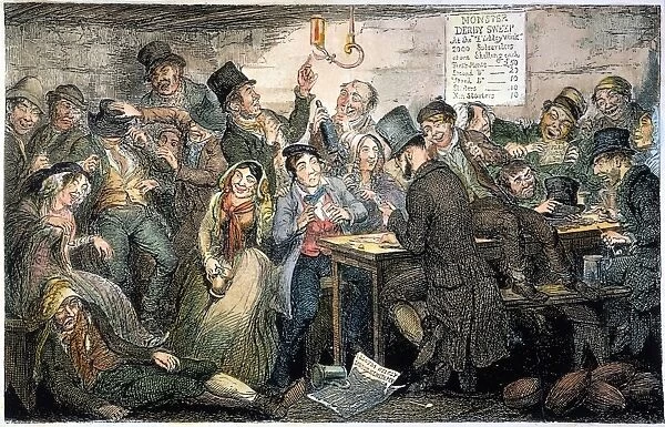Between the Fine Flaring Gin Palace and the Low Dirty Beer Shop, The Boy Thief Squanders & Gambles Away Hils Ill-Gotten Gains : etching, 1848, by George Cruikshank from his series, The Drunkards Children, Plate II, on the evils of drink