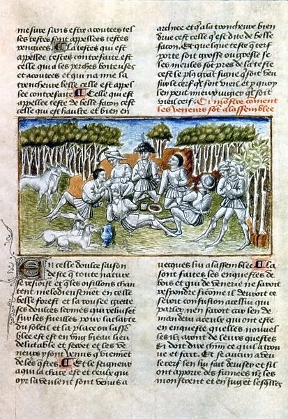 HUNTING SCENE, c1460. Hunters picknicking in the forest. French manuscript miniature