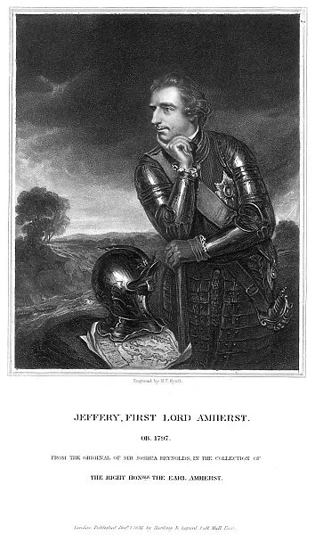 JEFFREY AMHERST (1717-97). Baron Amherst. English soldier. Line and stipple engraving after the painting by Sir Joshua Reynolds, with Amhersts army passing the rapids of the St. Lawrence River in the background