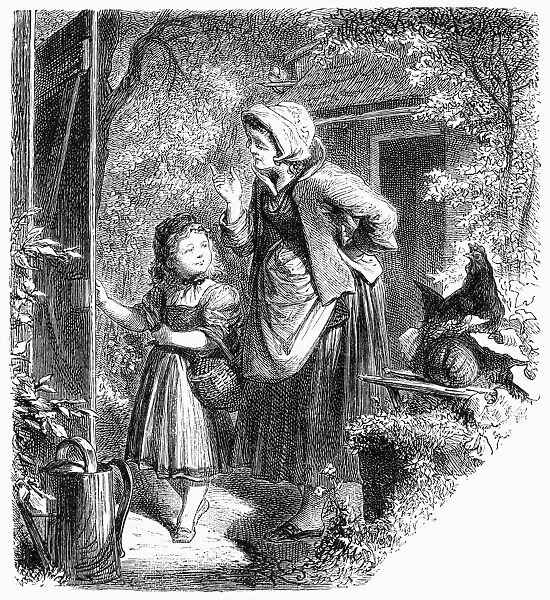 LITTLE RED RIDING HOOD. Mother sends her daughter to bring food to her sick grandmother. Wood engraving, German, 19th century, for the Brothers Grimms version of the fairy tale