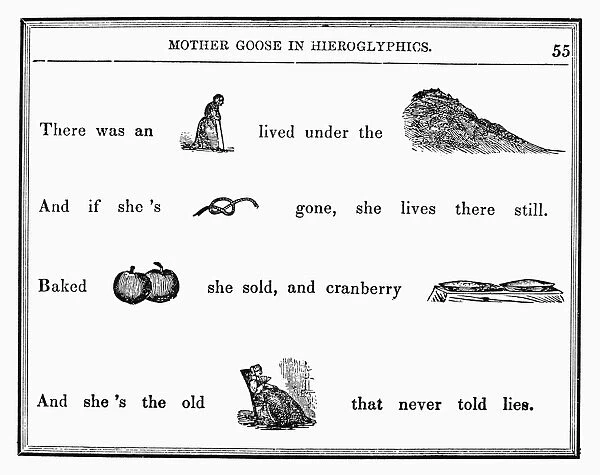 MOTHER GOOSE, 1849. Rebus from Mother Goose in Hieroglyphics, an American childrens book of 1849