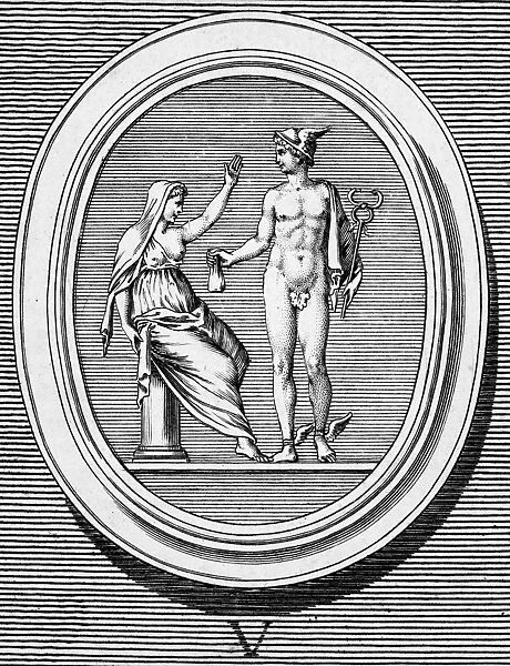MURCURY AND PUDICITIA. Mercury (Greek name Hermes), giver of fertility, offering his purse to Pudicitia, personification of chastity, who refuses it. Copper engraving, French, 18th century