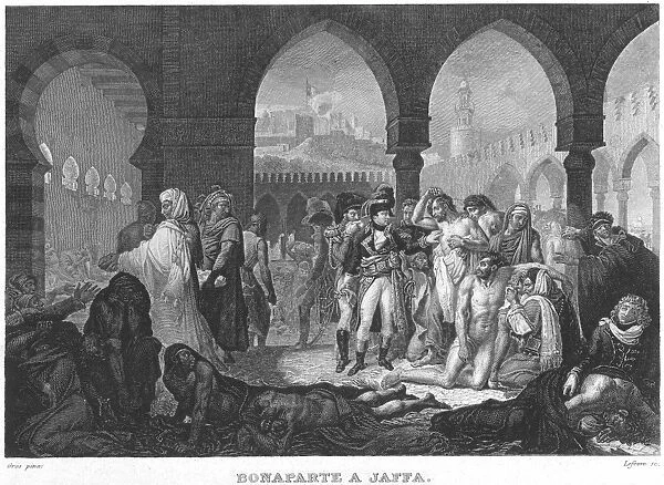 Napoleon Visiting the Plague Stricken at Jaffa. Steel engraving after the painting, 1804, by Baron Antoine-Jean Gros