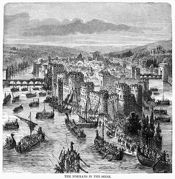 NORSEMEN IN PARIS, 885 A. D. A fleet of Norsemen under the command of Rollo attacking the walled city of Paris in 885 A. D. Wood engraving, 19th century