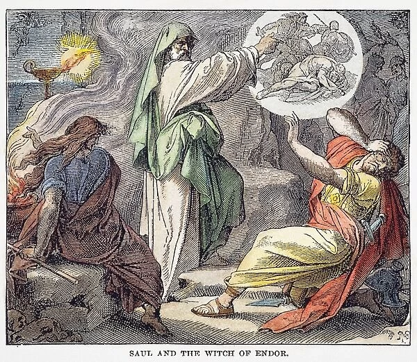 SAUL & WITCH. Saul and the Witch of Endor (I Samuel 28: 11). Wood engraving, American, 1884