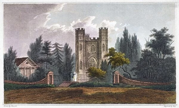 SEVERNDROOG CASTLE. View of Severndroog Castle on Shooters Hill in Greenwich, England. Line engraving, English, early 19th century, after a drawing by John Hassell (1767-1825)
