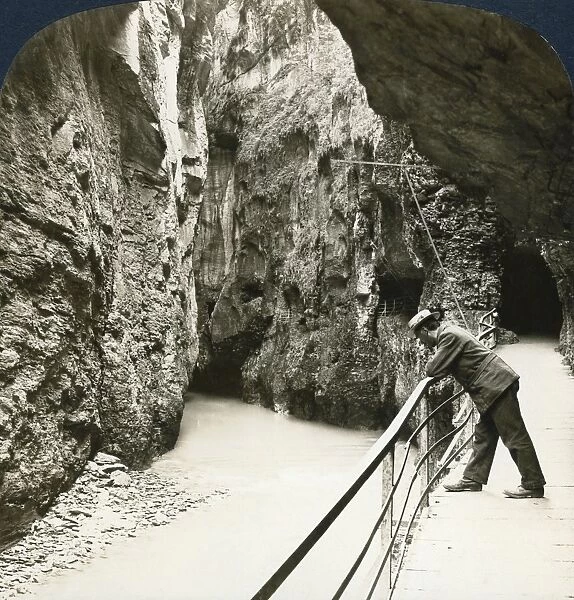SWITZERLAND: MEIRINGEN, c1908. The pathway along the great Gorge of the Aare, Meiringen