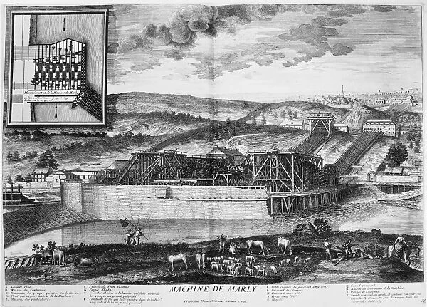VERSAILLES: WATERWORKS. The hydraulic machine at Chateau de Marly, France, inaugurated in 1684, that drew water from the Seine River and pumped it to Versailles for its fountains. Line engraving, French, 1716