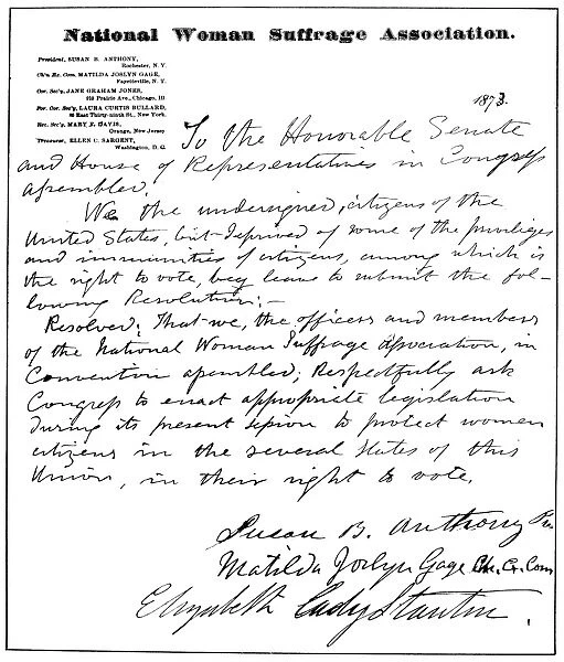 WOMENs RIGHTS MOVEMENT. Petition, signed by Susan B. Anthony and Elizabeth Cady Stanton