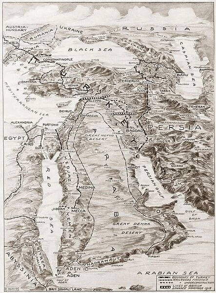WORLD WAR I: MIDDLE EAST. Map, 1919, of the Middle East and the lines of battle