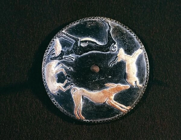 Egyptian civilization, spinning top in black soapstone with dogs and gazelles, from Tomb of Hemaka, Saqqara