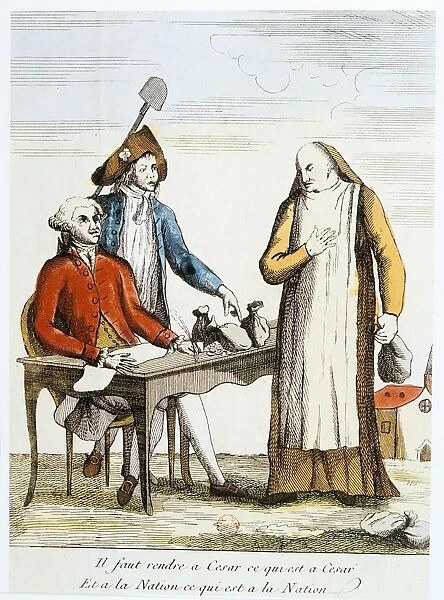 French Revolution 1789. Anti-clerical caricature on confiscation of wealth of the Church