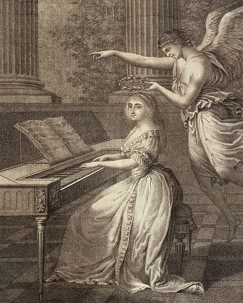 Italy, engraving of Allegory, Genius of Music crowning female pianist