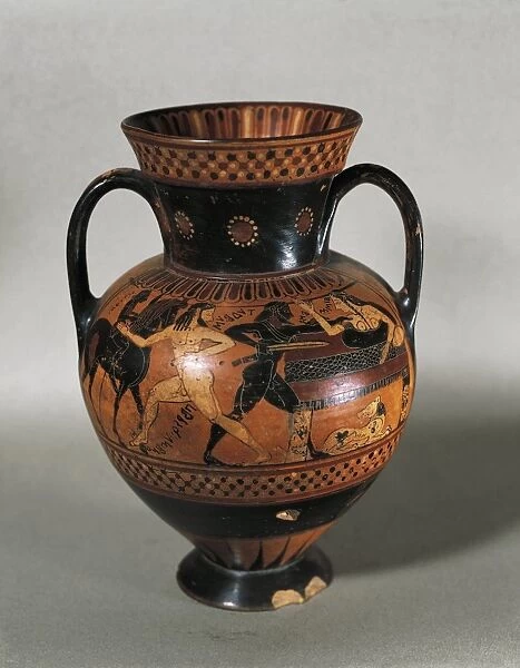 Italy, Rome, Cerveteri, Black-figure pottery amphora with mythological scenes depicting Tideo killing Ismene