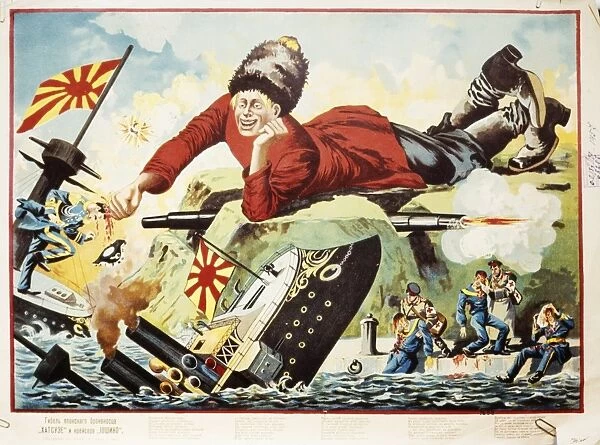 A popular russian print depicting a giant cossack sinking the japanese battleships hatsuoze and ioshina, russo-japanese war 1904