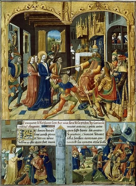 St Louis brought as prisoner before the Sultan (top). Bottom left: Louis discourses with Saracens