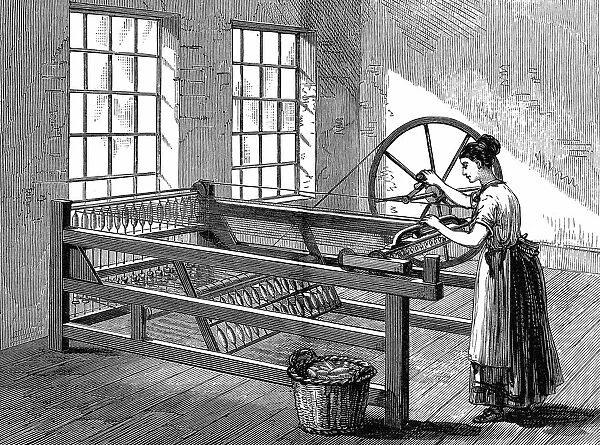 Woman using Spinning Jenny - Invented by James Hargreaves (c1720-78) in 1764. Wood