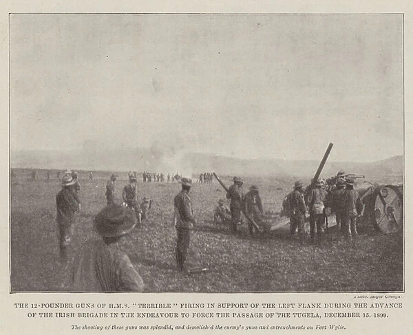 The 12-Pounder Guns of HMS 'Terrible'firing in Support of the Left Flank during the Advance of the Irish Brigade in the Endeavour to force the Passage of the Tugela, 15 December 1899 (b  /  w photo)
