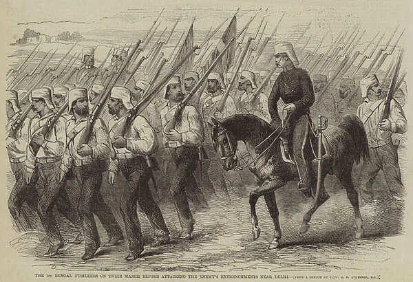 The 1st Bengal Fusileers on their March before attacking the Enemys Entrenchments near Delhi (engraving)