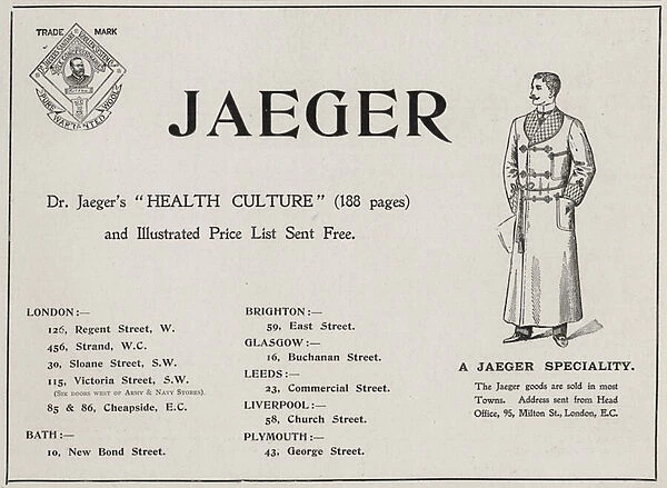 Advertisement for Dr Jaegers Sanitary Woollen System Co Ltd woollen clothing (engraving)