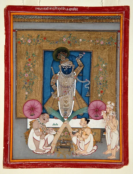 The Adoration of Krishna as Shrinath ji, 1800-25 (opaque w  /  c & gold on paper)