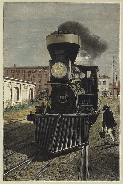 An American locomotive engine and cow catcher (coloured engraving)