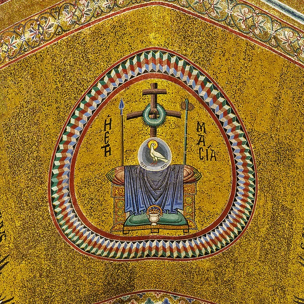Apsidal arch: Etymasia (preparation for the throne) with the instruments of passion, restored in 1979; Byzantine school mosaic with a golden background (mosaic)