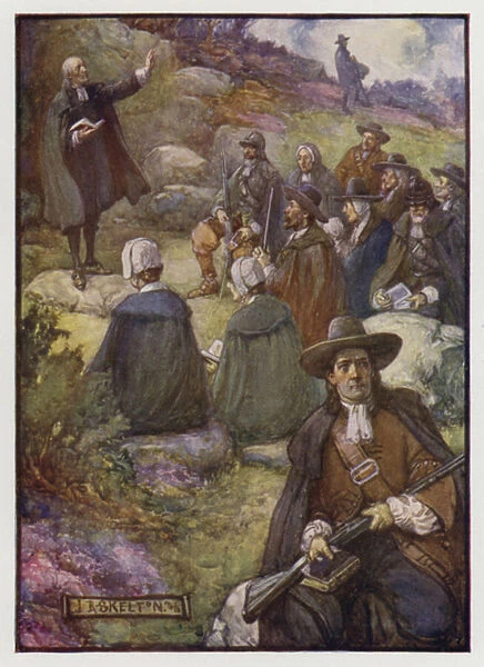 Armed sentries keeping watch during a meeting of Scottish Covenanters, 17th Century (colour litho)