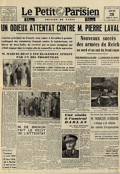 The attack on Pierre Laval (1883-1945) August 27, 1941 - Le petit Parisien de Thursday