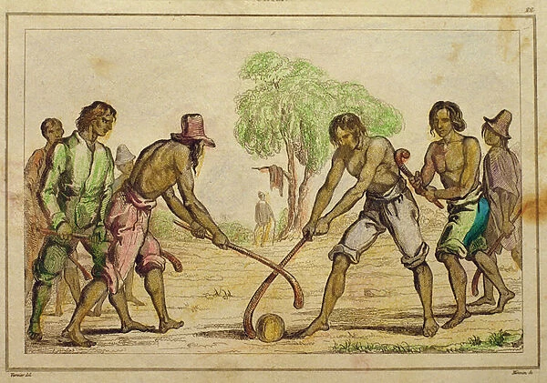 Ball game, popular customs of the Chilean Indians (hand-coloured engraving)