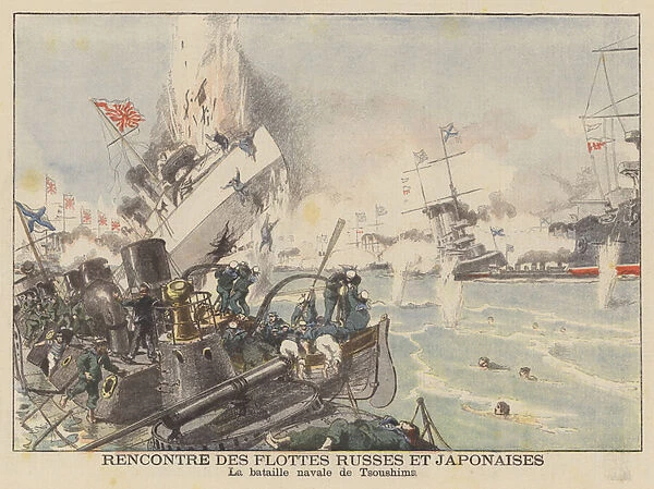 Battle of Tsushima, Russo-Japanese War (colour litho)