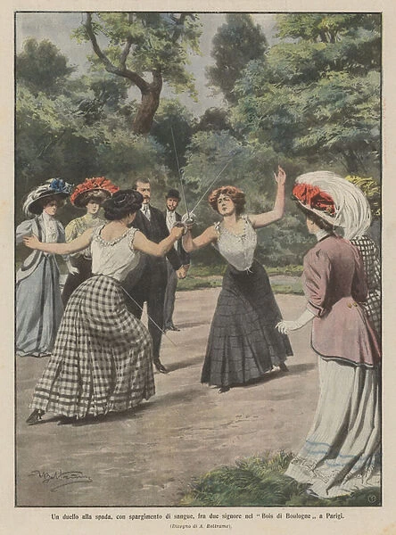 A bloodshed sword duel between two ladies in the Bois de Boulogne in Paris (colour litho)