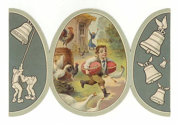 Boy Running Away with Two Giant Eggs (chromolitho)