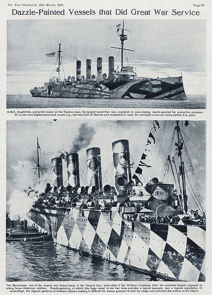British ships painted with dazzle camouflage to mislead the enemy during World War I, 1914-1918 (b  /  w photo)